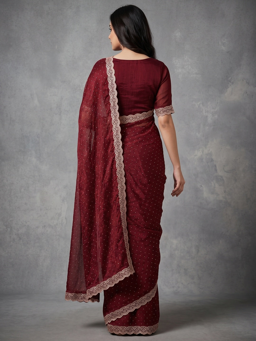 Maroon Chiffon Saree with Delicate Lace Border and Embellishments - Image 5