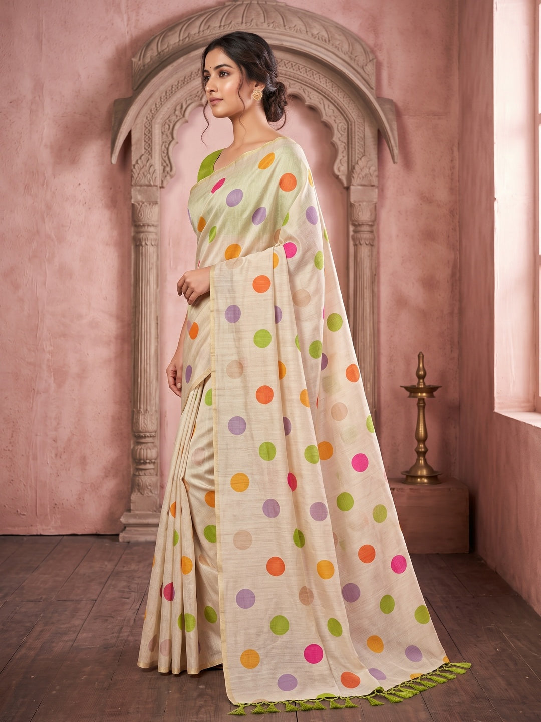 Cream Art Silk Saree with Contemporary Polka Dot Print & Tassel Edge - Image 1