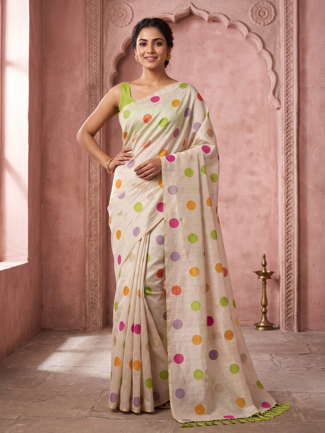 Cream Art Silk Saree with Contemporary Polka Dot Print & Tassel Edge - Image 3