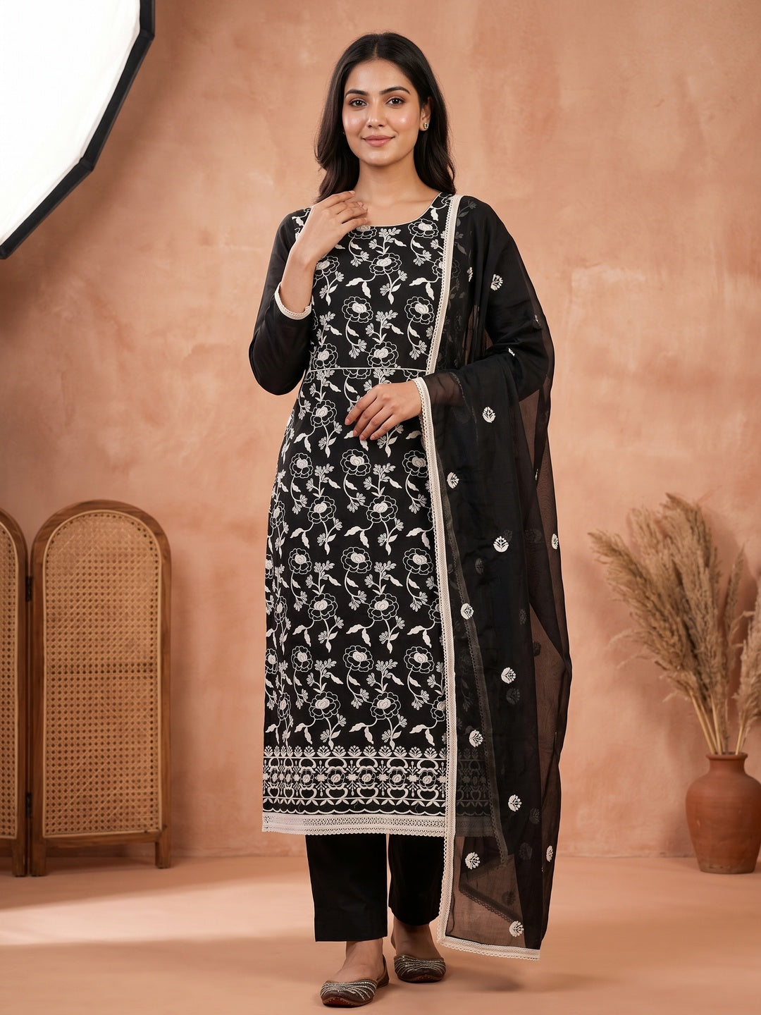 Black Embroidered Chanderi Cotton Suit Fabric with Floral Detailing - Image 1