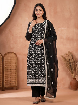 Black Embroidered Chanderi Cotton Suit Fabric with Floral Detailing - Image 1