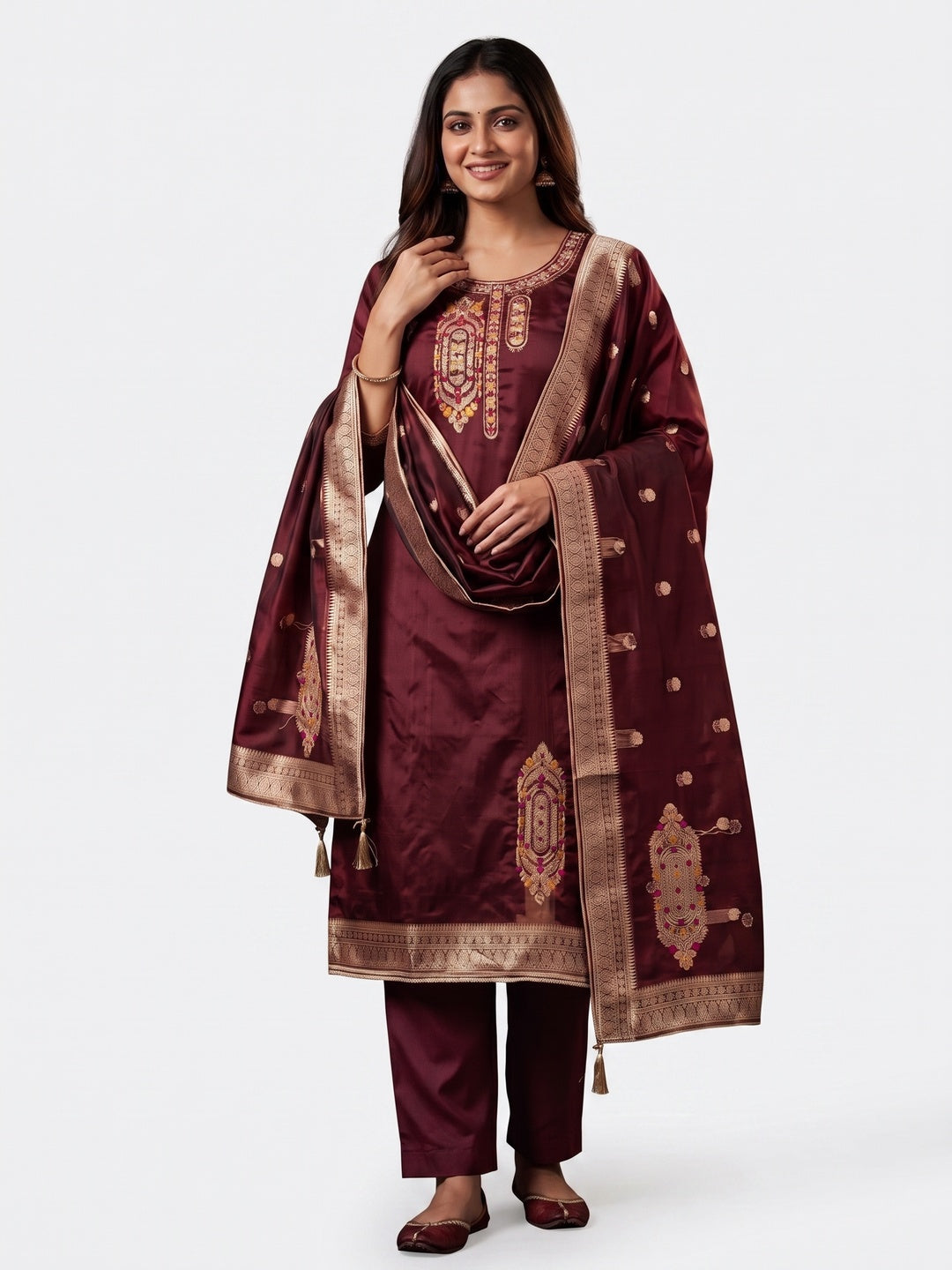 Festive Maroon Unstitched Dress Material in Zari Weaving Jacquard - Image 1
