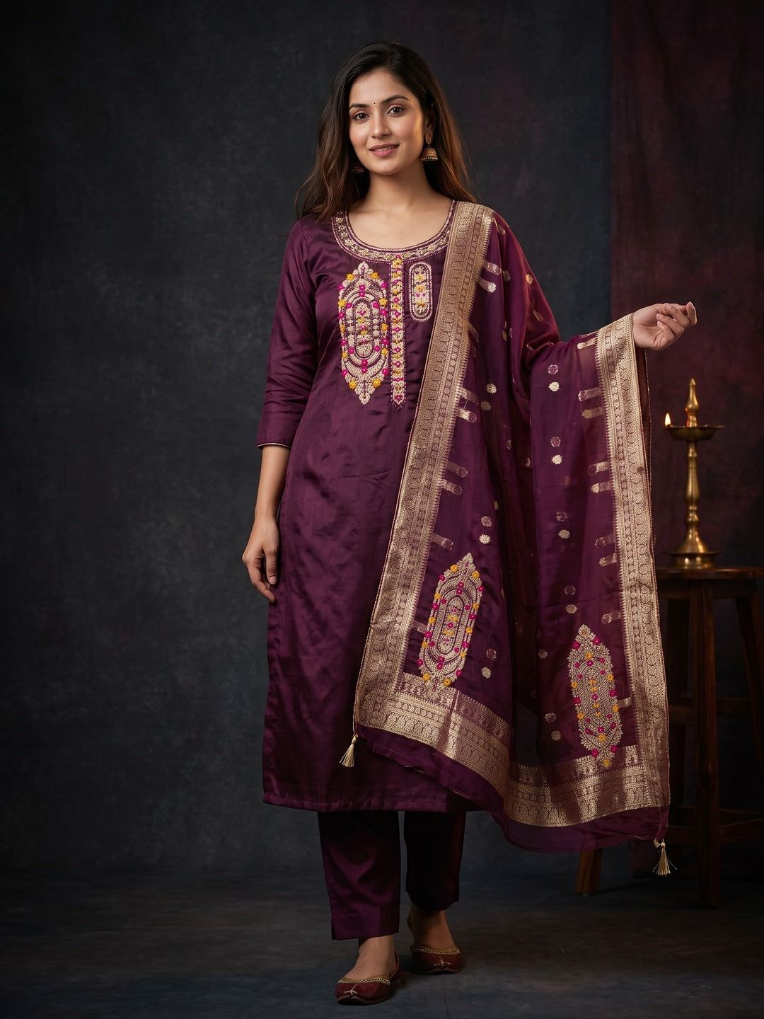 Festive Wine Unstitched Dress Material in Zari Weaving Jacquard - Image 1
