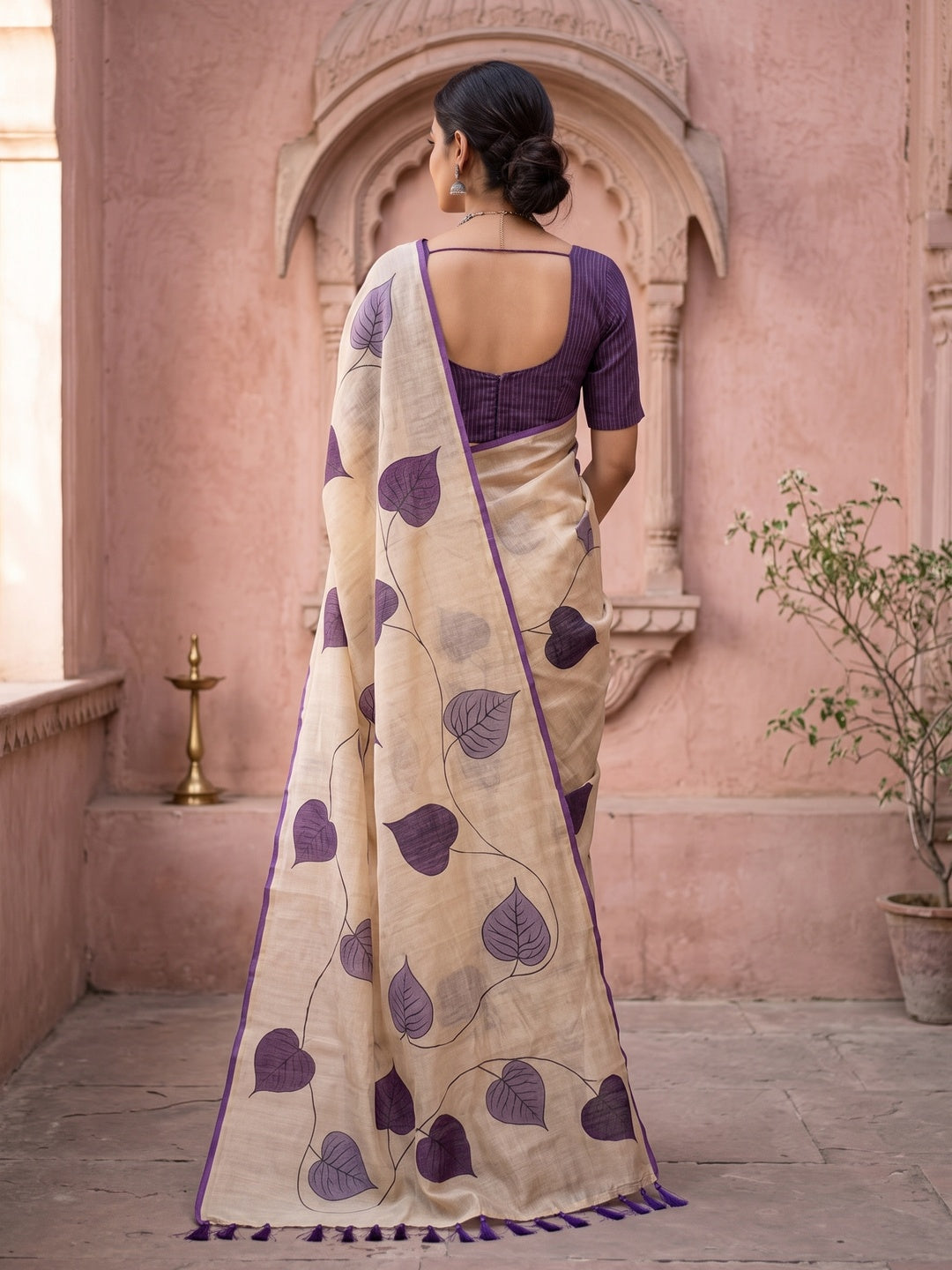 Beige & Violet Saree in Art Silk Featuring Leafy Print & Tassels - Image 7