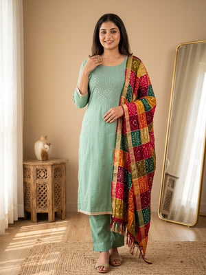 Sea Green Cotton Blend Suit Material with Soft Floral Embroidery - Image 1