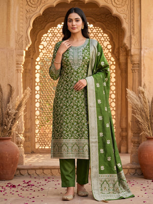Unstitched Green Jacquard Dress Set with Traditional Zari Weaving - Image 1