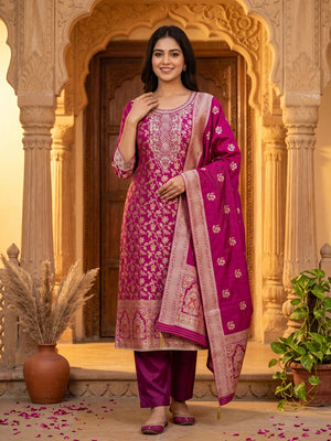 Unstitched Pink Jacquard Dress Set with Traditional Zari Weaving - Image 1