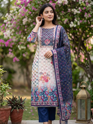 Off-White & Blue Organza Dress Material with Elegant Floral Prints - Image 1