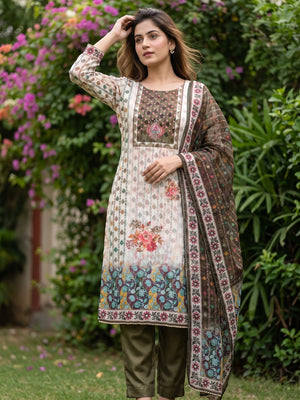 Off-White & Olive Organza Dress Material with Elegant Floral Prints - Image 1
