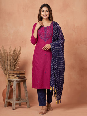 Unstitched Pink Cotton Dress Material Enhanced with Thread Embroidery - Image 1