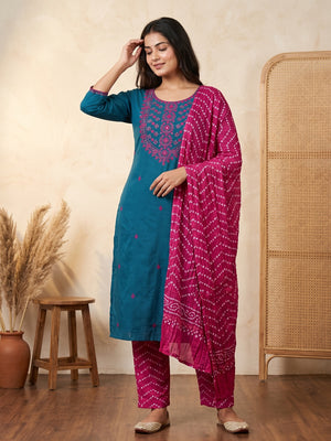 Unstitched Teal Cotton Dress Material Enhanced with Thread Embroidery - Image 1