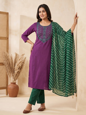 Unstitched Purple Cotton Dress Material Enhanced with Thread Embroidery - Image 1