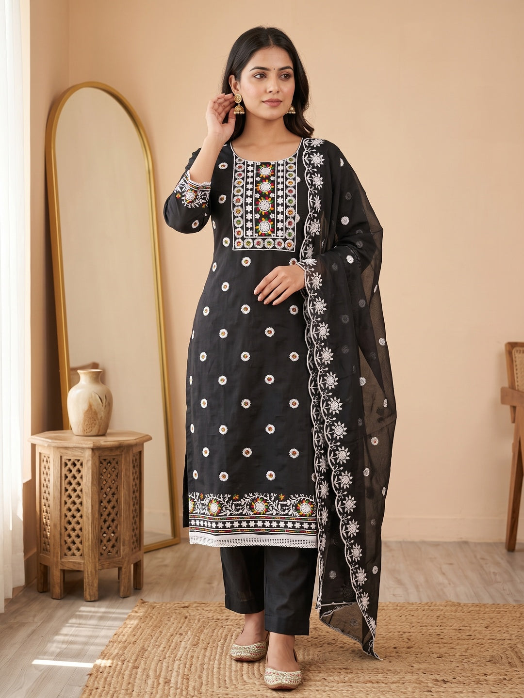 Black Embroidered Cotton Blend Suit Fabric with Soft Floral Detailing - Image 1