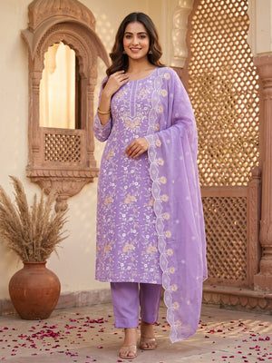 Lavender Georgette Dress Material Highlighted With Floral Thread Embroidery - Image 1