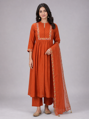 Peachmode Rust Mul Chanderi Embroidered Salwar Suit - Image 2