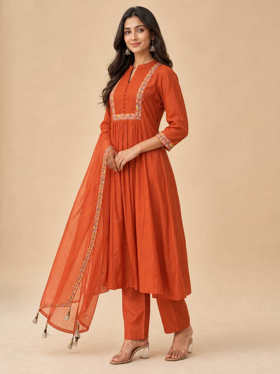 Peachmode Rust Mul Chanderi Embroidered Salwar Suit - Image 3