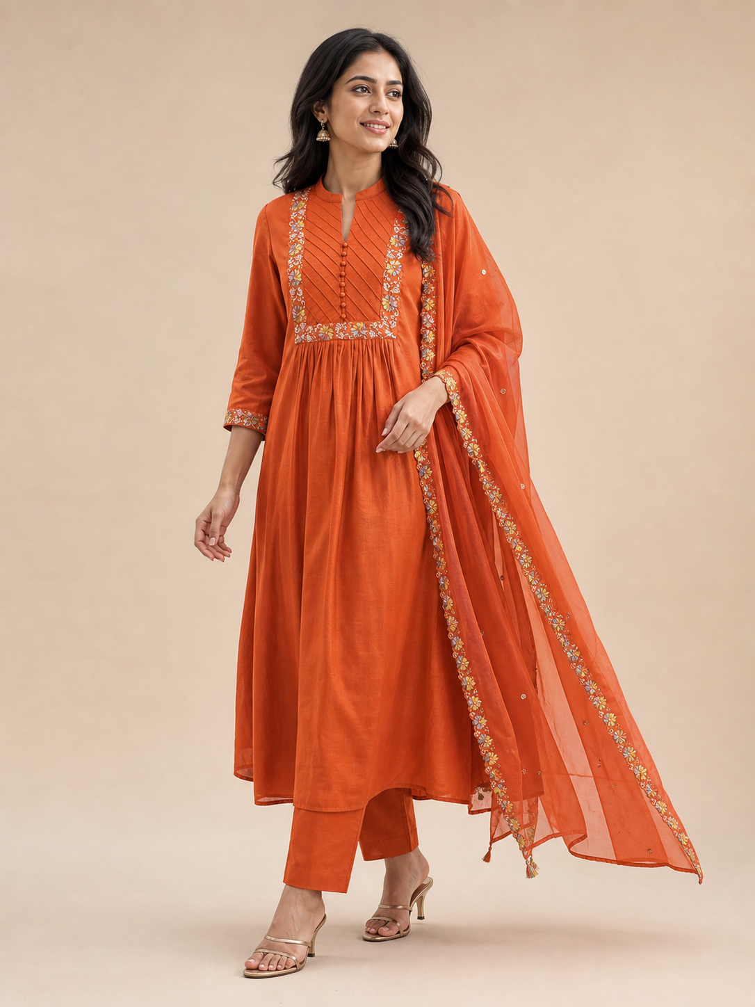 Peachmode Rust Mul Chanderi Embroidered Salwar Suit - Image 4