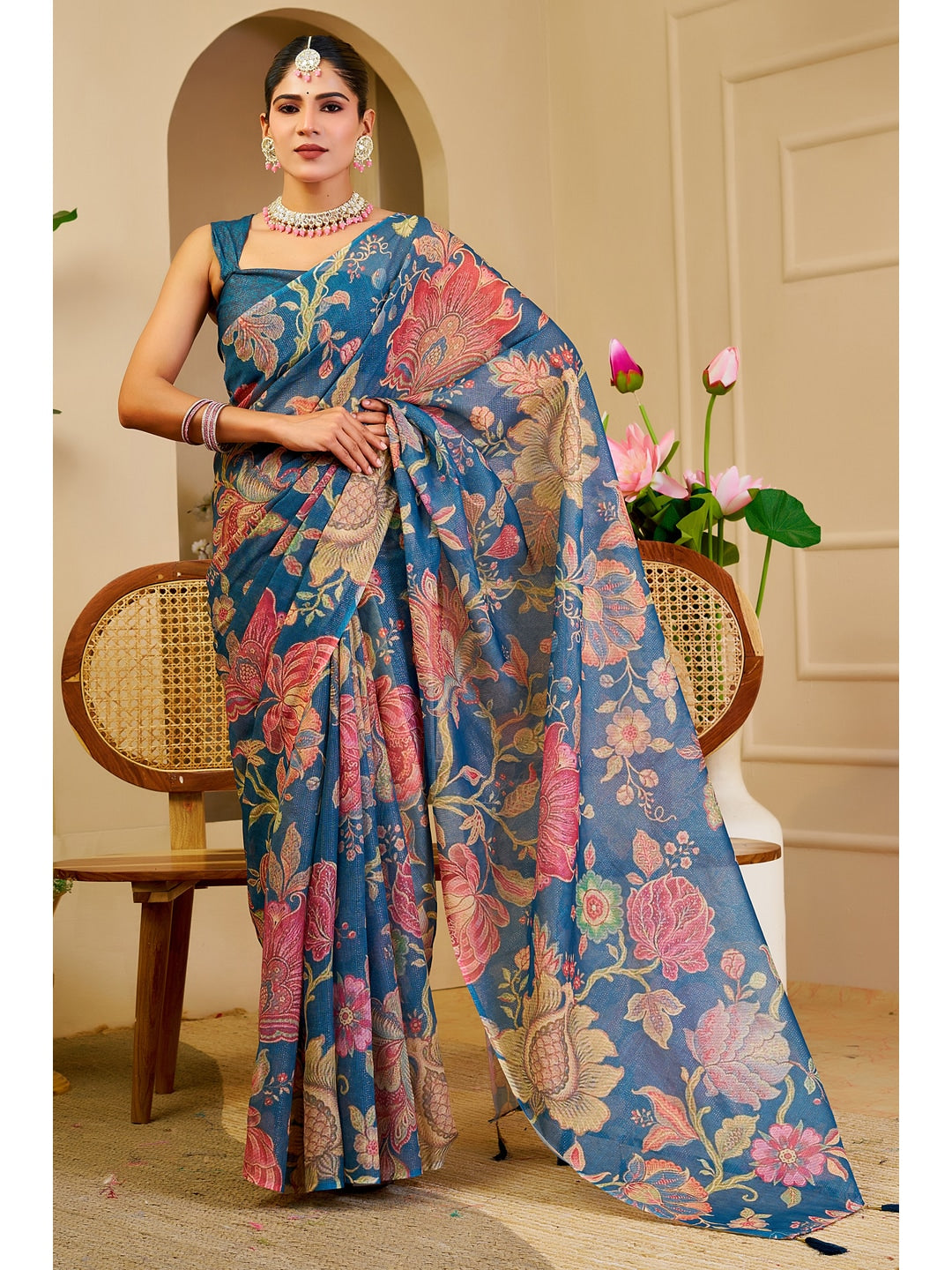 Peachmode Blue Pure Cotton Saree - Image 1