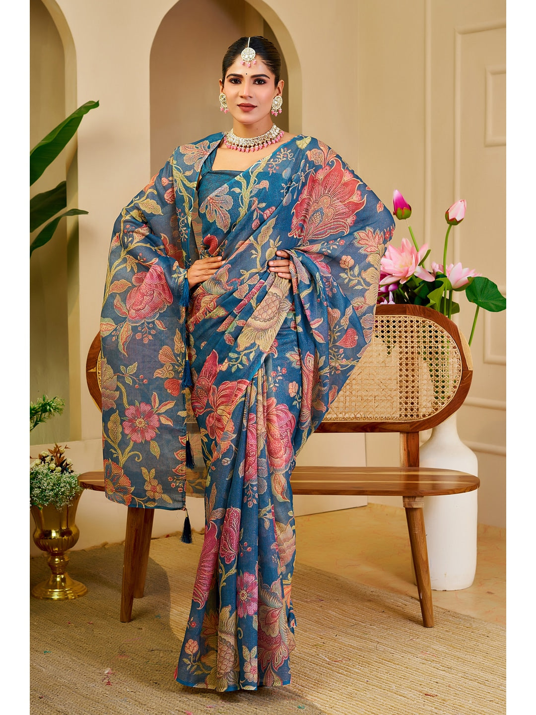 Peachmode Blue Pure Cotton Saree - Image 3