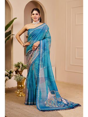 Peachmode Blue Pure Cotton Saree - Image 1
