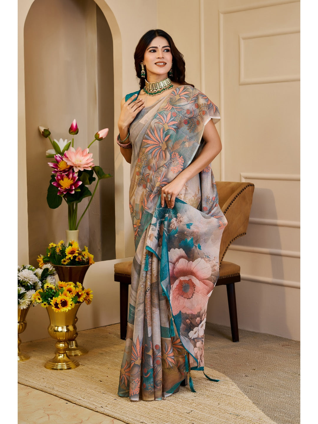 Peachmode Beige Pure Cotton Saree - Image 1