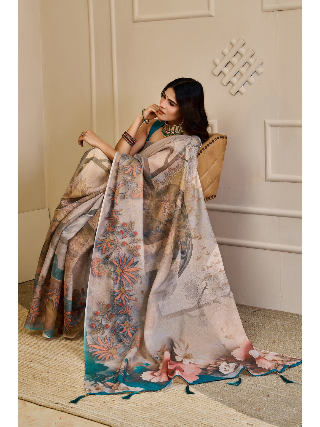 Peachmode Beige Pure Cotton Saree - Image 3