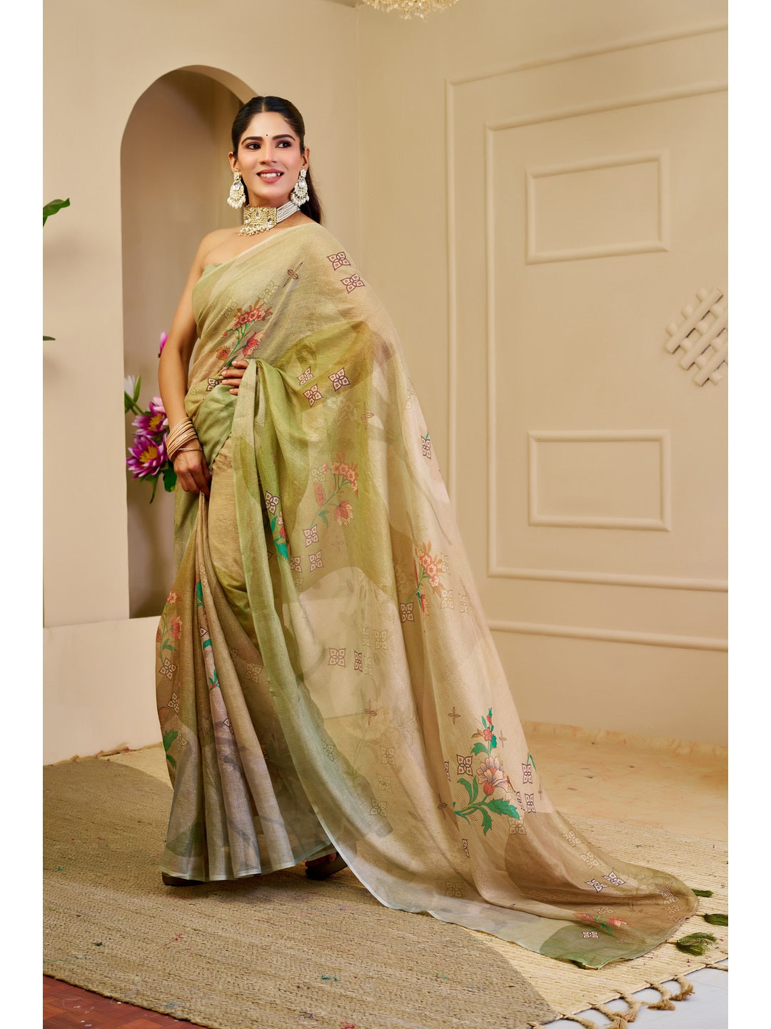 Peachmode Beige Pure Cotton Saree - Image 3