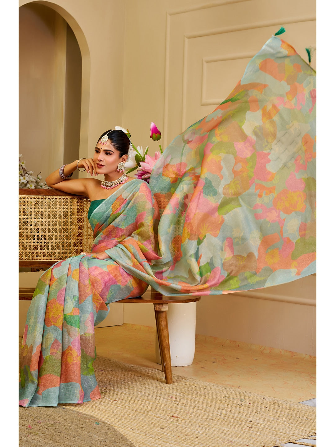 Peachmode Green Pure Cotton Saree - Image 4
