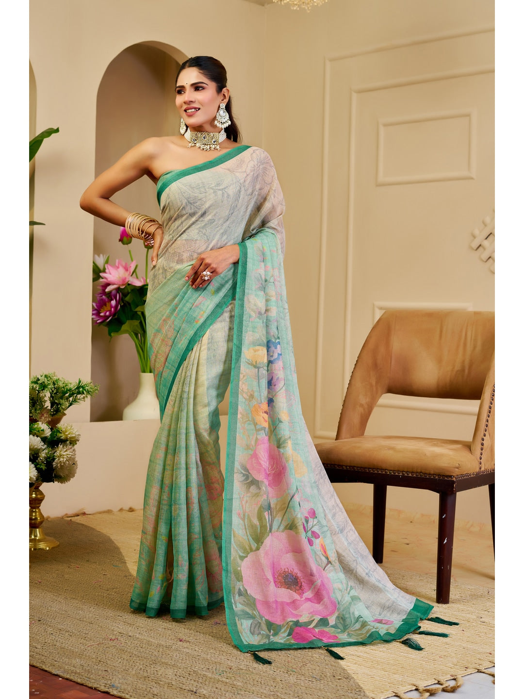 Peachmode Green Pure Cotton Saree - Image 1