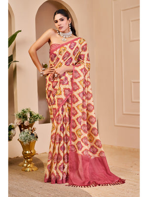 Peachmode Cream Pure Cotton Saree - Image 1
