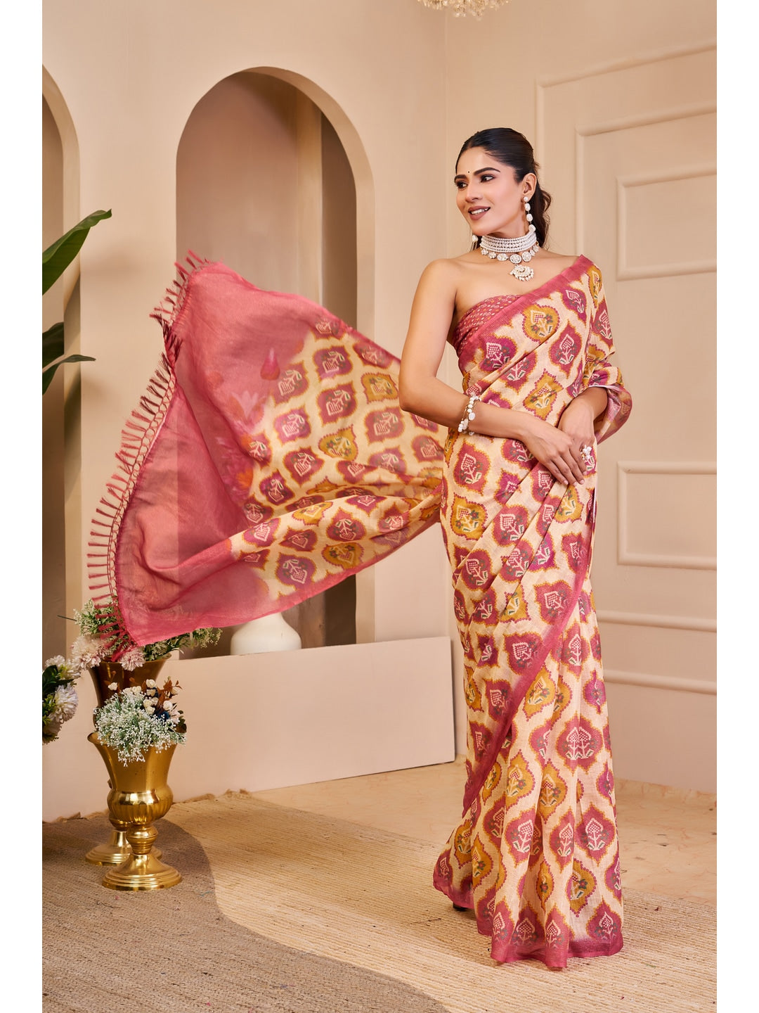 Peachmode Cream Pure Cotton Saree - Image 3