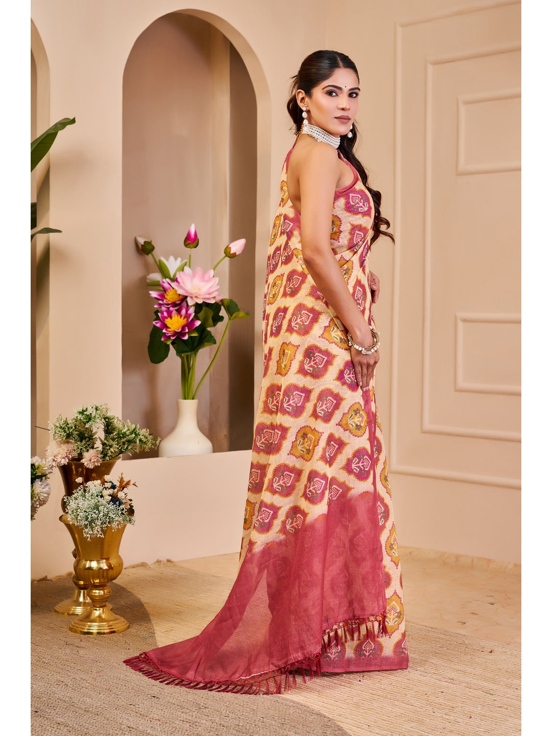 Peachmode Cream Pure Cotton Saree - Image 4