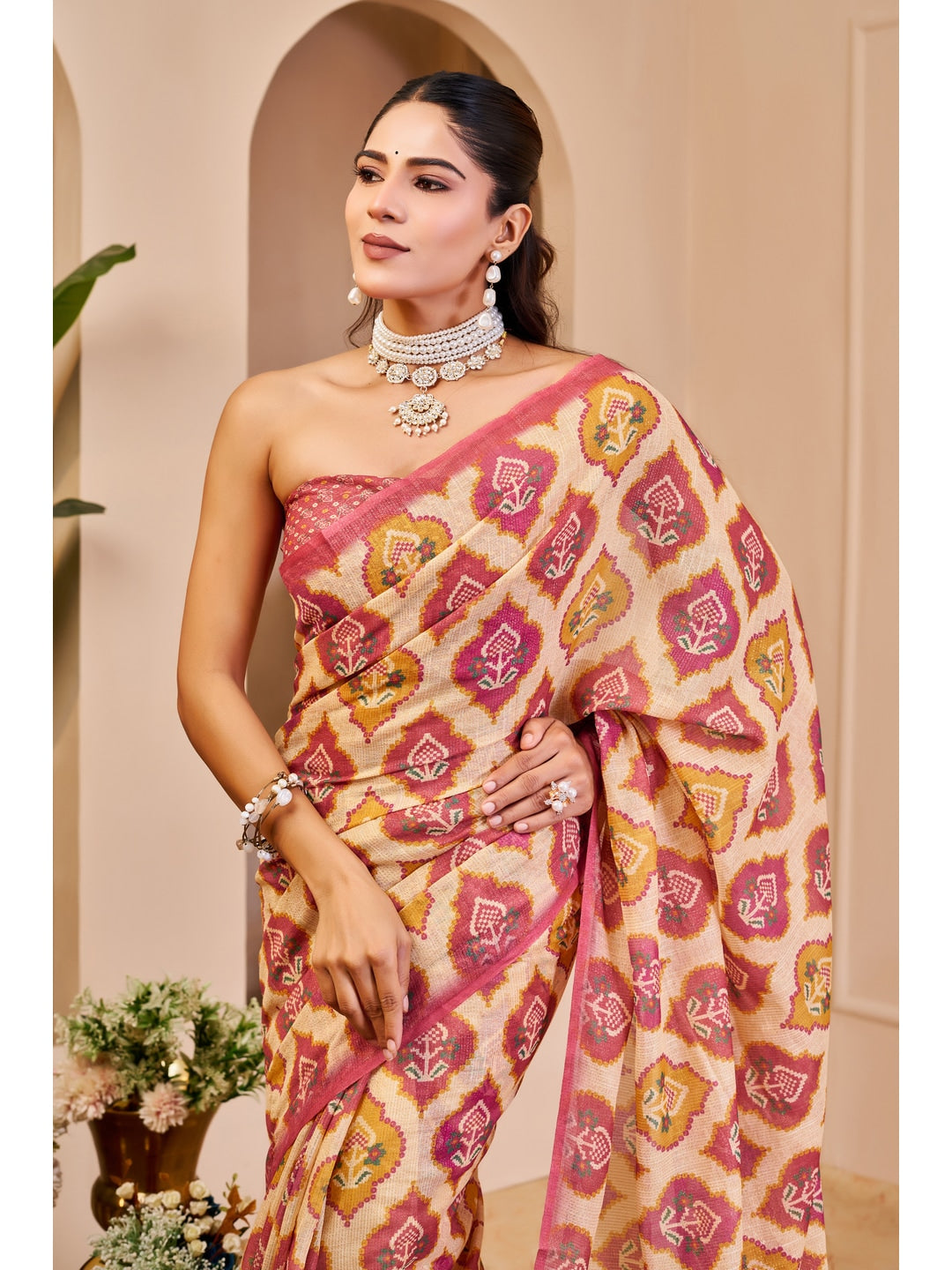 Peachmode Cream Pure Cotton Saree - Image 5