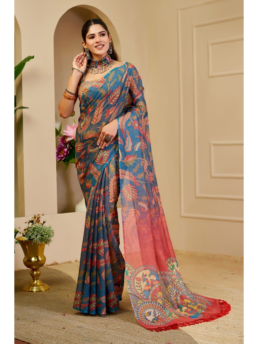 Peachmode Blue Pure Cotton Saree - Image 1