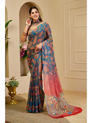 Peachmode Blue Pure Cotton Saree - Image 1
