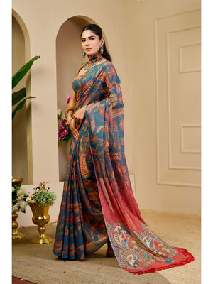 Peachmode Blue Pure Cotton Saree - Image 2