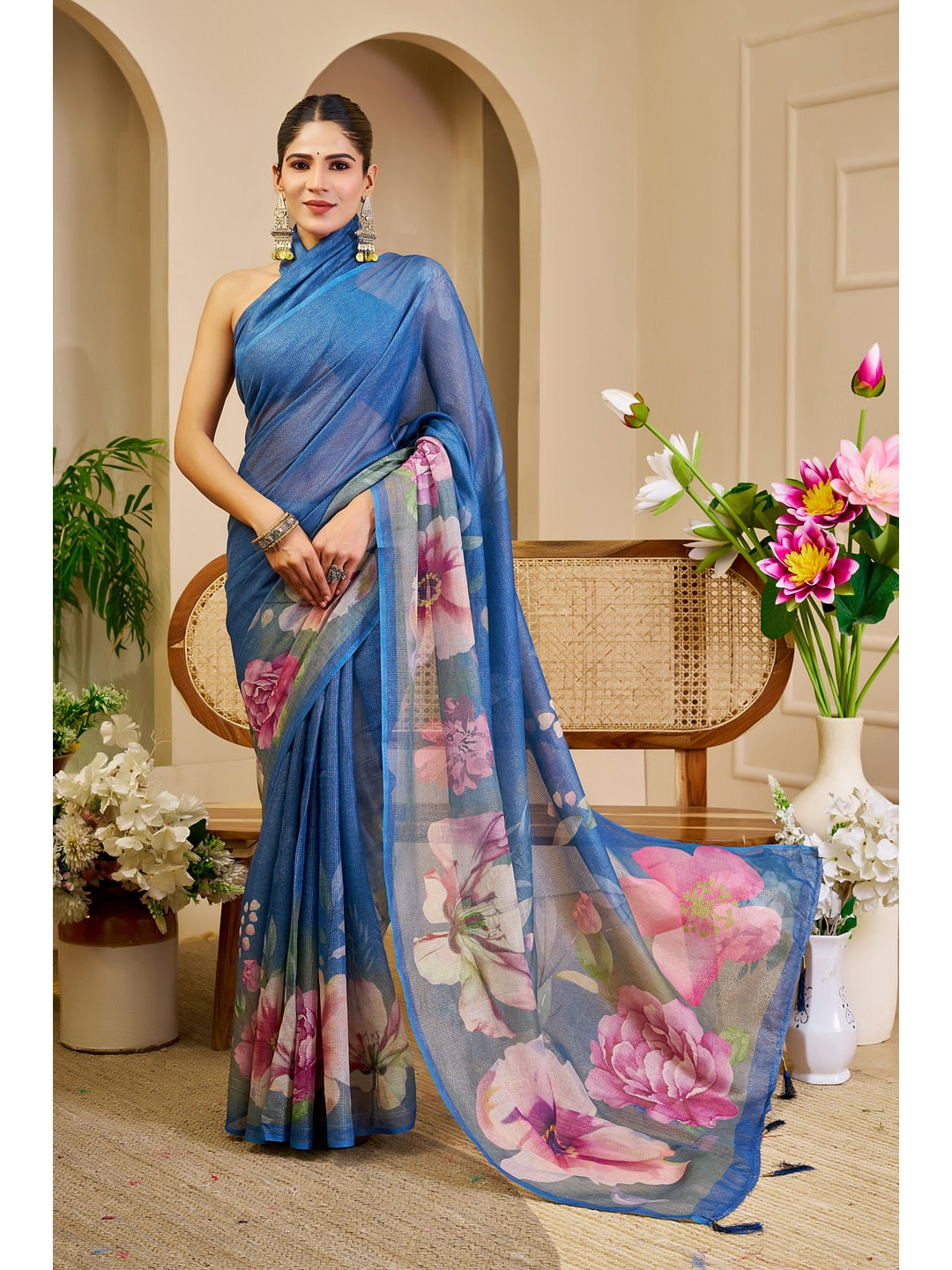 Peachmode Blue Pure Cotton Saree - Image 1