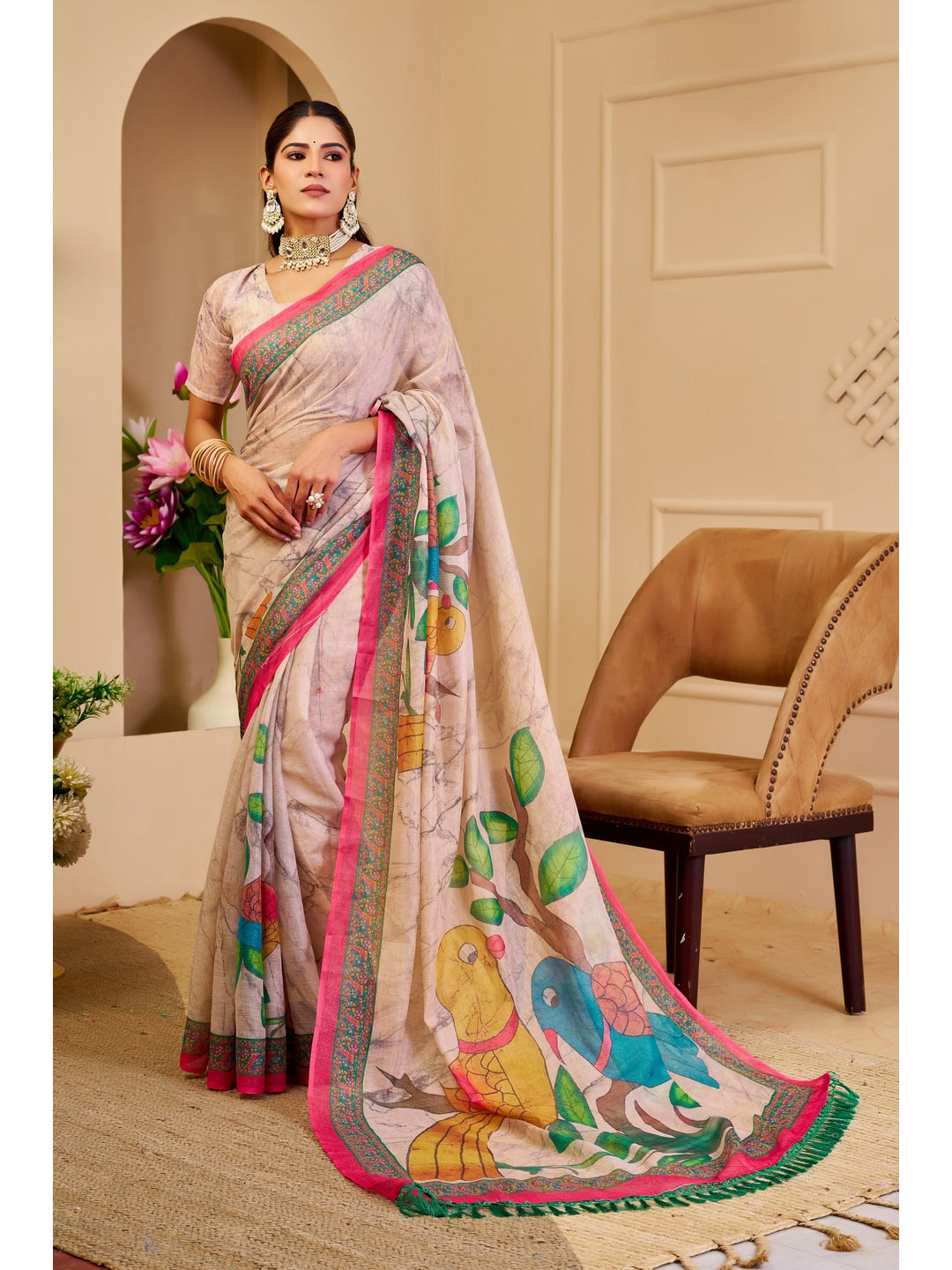 Peachmode Beige Pure Cotton Saree - Image 1