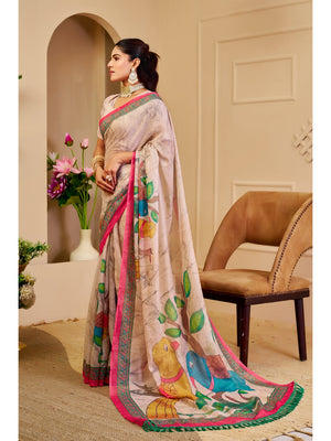 Peachmode Beige Pure Cotton Saree - Image 2