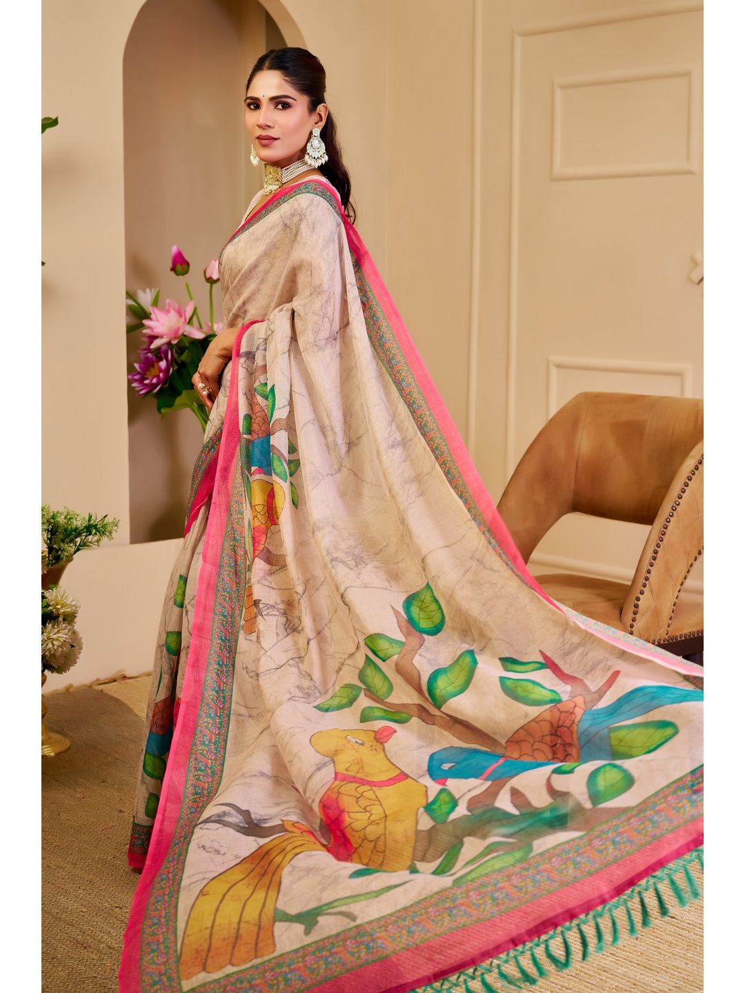 Peachmode Beige Pure Cotton Saree - Image 3