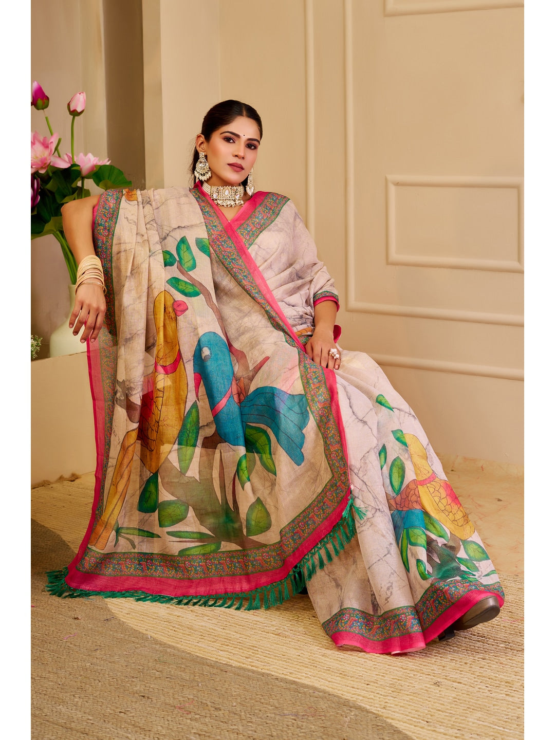 Peachmode Beige Pure Cotton Saree - Image 4