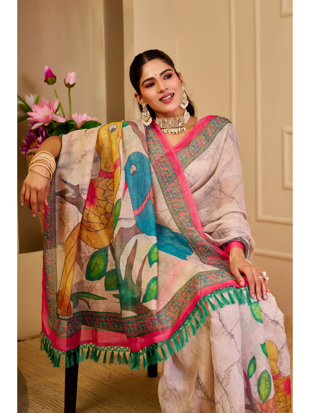 Peachmode Beige Pure Cotton Saree - Image 5