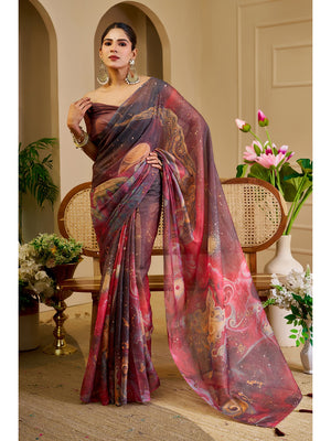 Peachmode Burgundy Pure Cotton Saree - Image 1