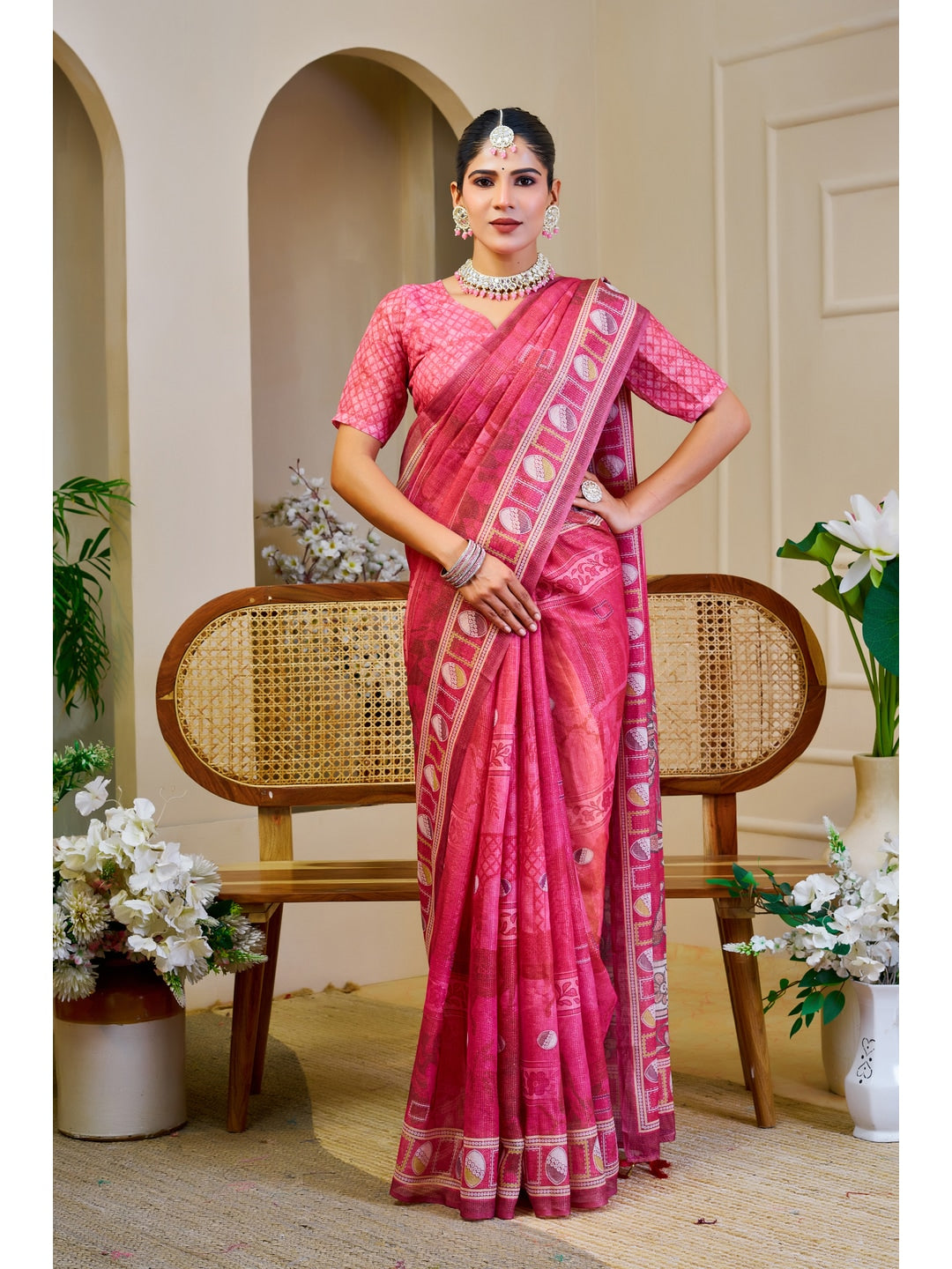 Peachmode Pink Pure Cotton Saree - Image 1