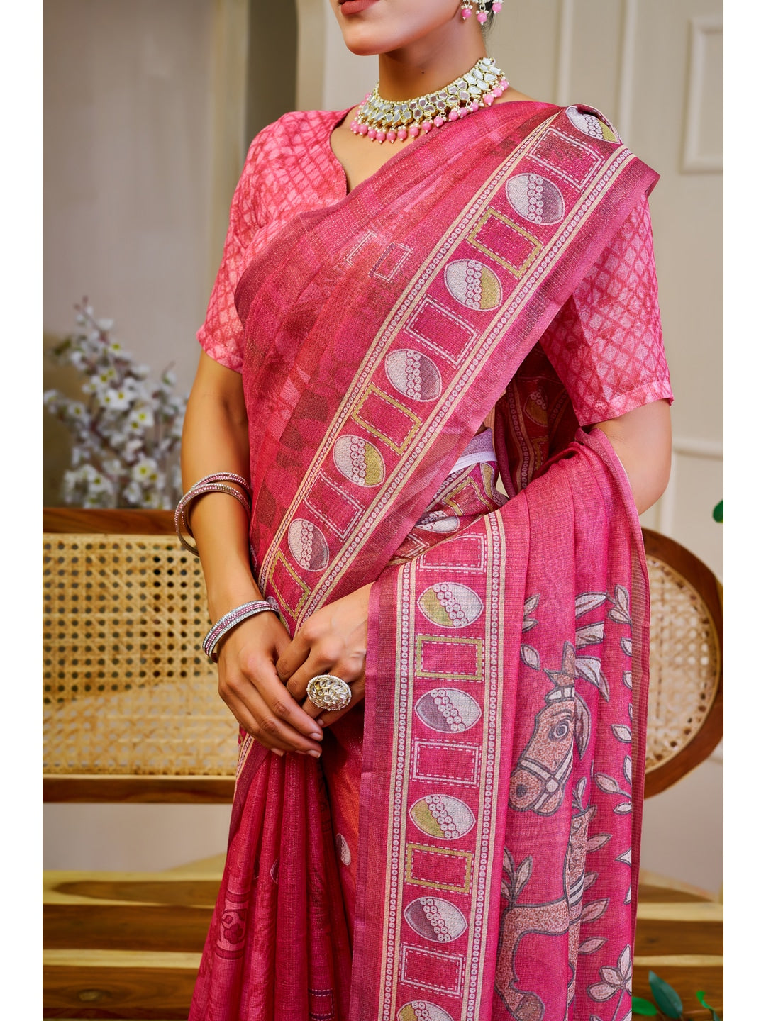 Peachmode Pink Pure Cotton Saree - Image 5