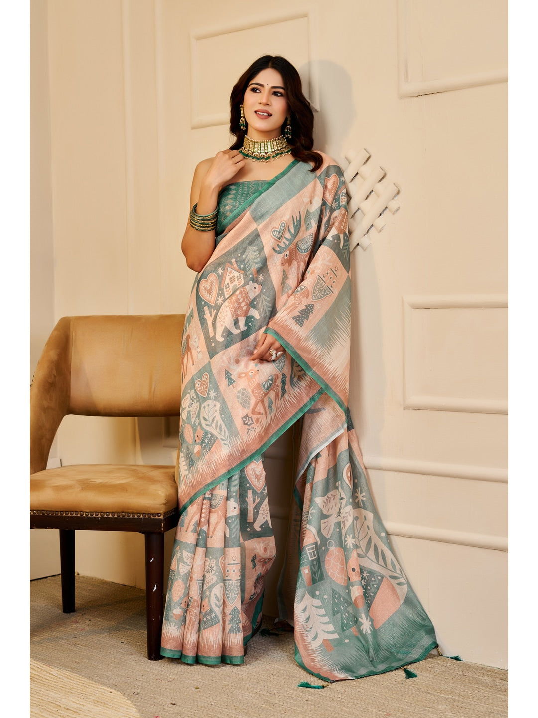 Peachmode Beige Pure Cotton Saree - Image 1