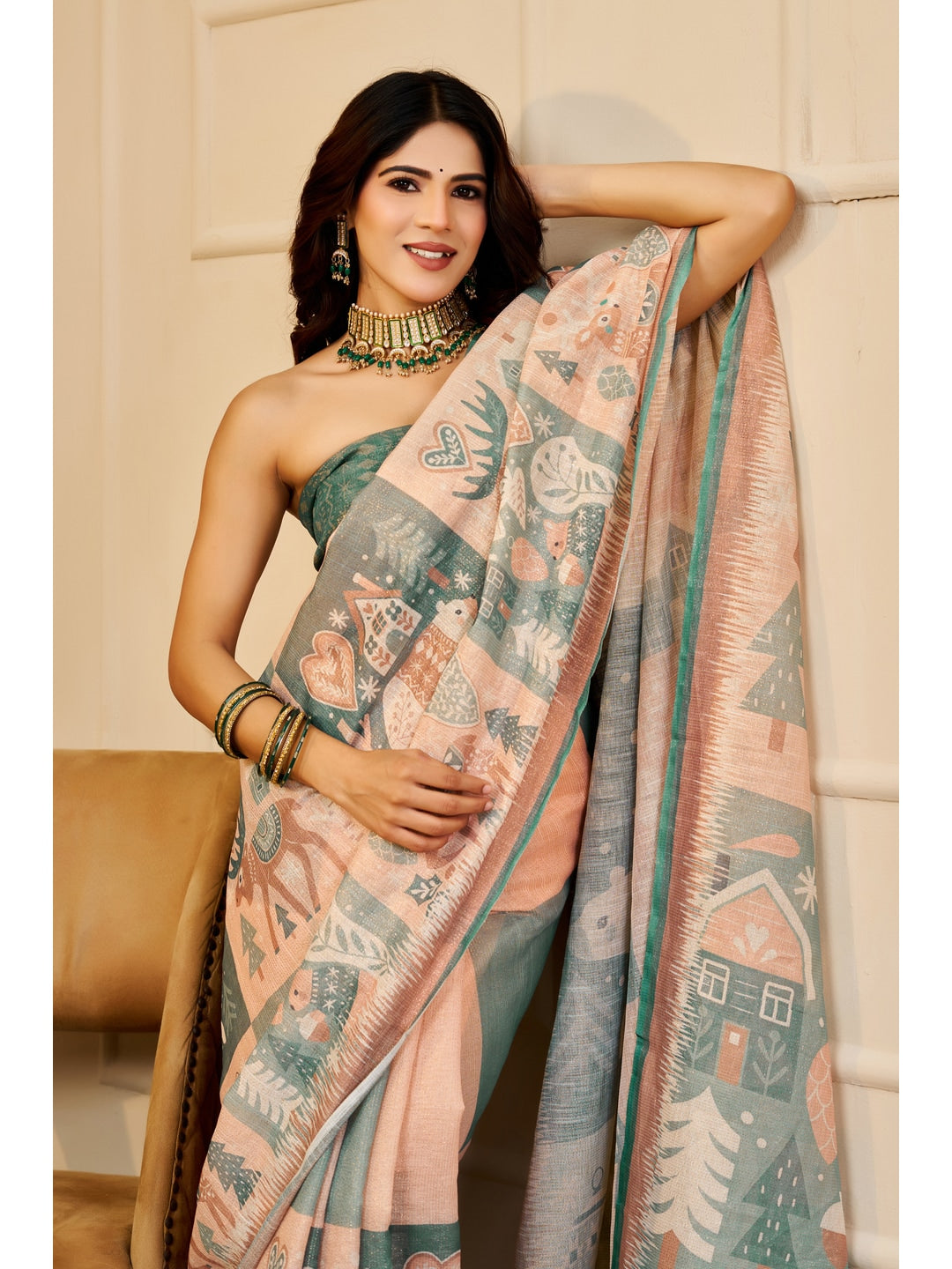 Peachmode Beige Pure Cotton Saree - Image 2