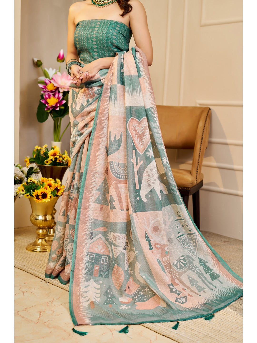 Peachmode Beige Pure Cotton Saree - Image 3