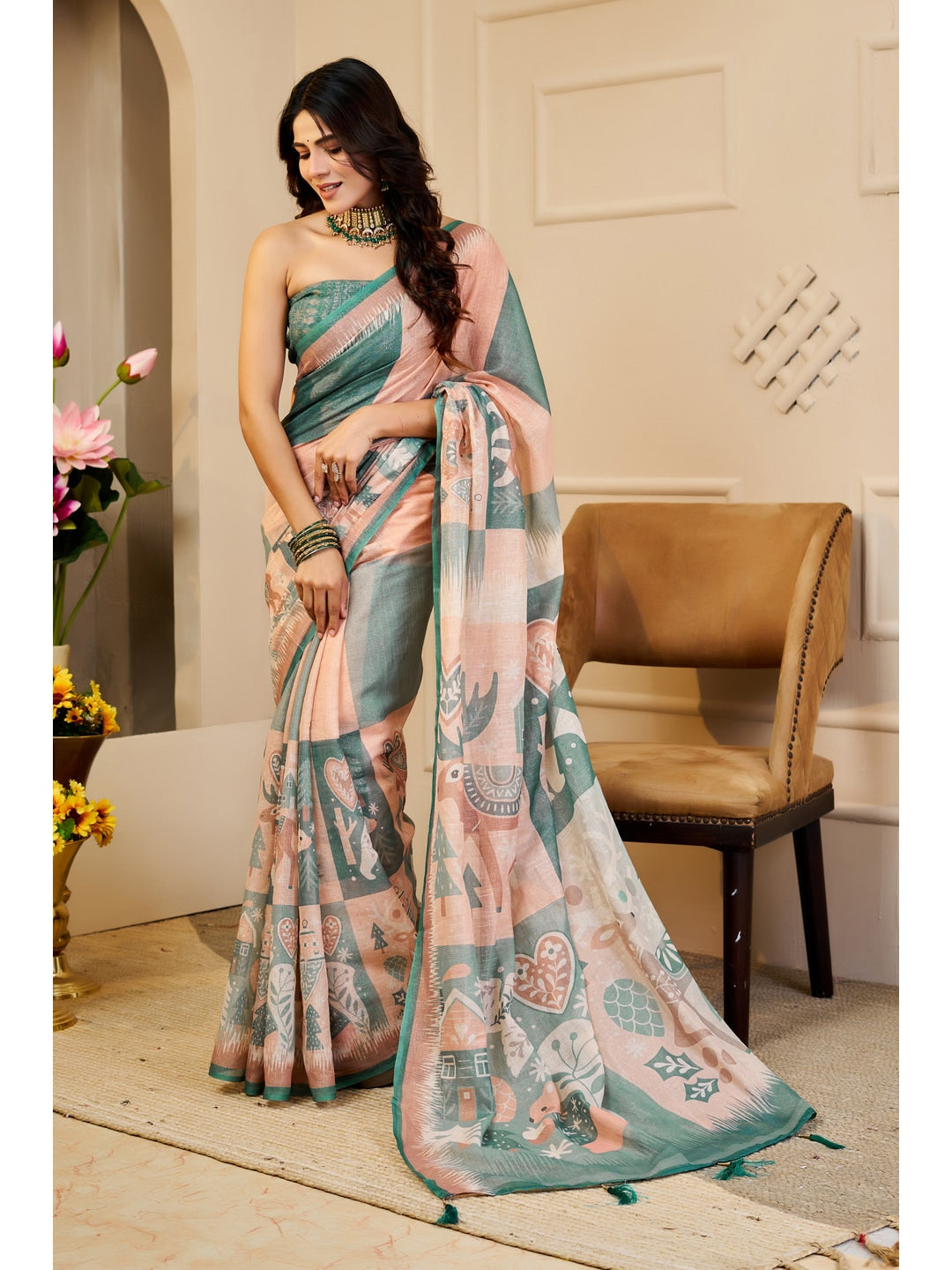 Peachmode Beige Pure Cotton Saree - Image 4