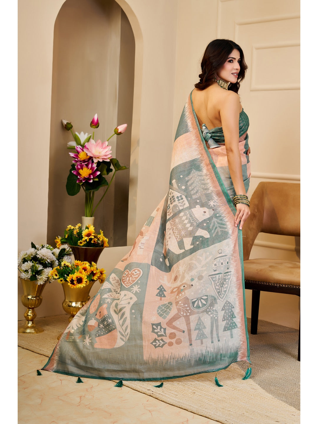 Peachmode Beige Pure Cotton Saree - Image 5